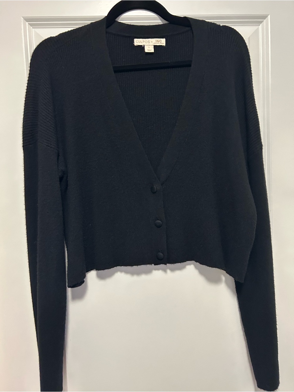 Women's Black Cropped V-Neck Button Down Sweater.